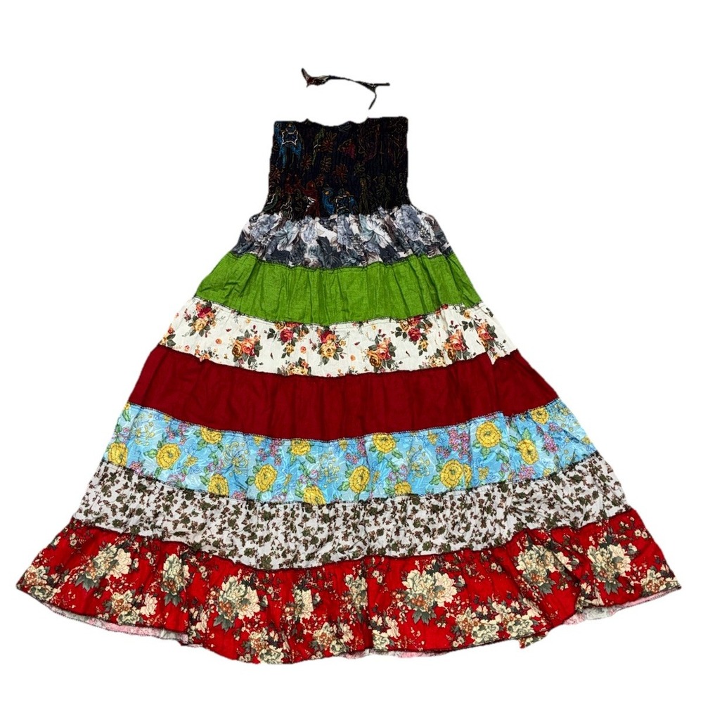 Pretty Angel Dress M‎ Floral Midi Halter Smocked Tiered Hippie Boho Prairie NEW